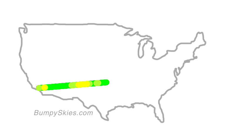 Map of continental US with illustrated flight path and turbulence forecast (described in text below)