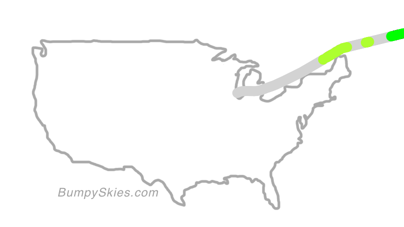 Map of continental US with illustrated flight path and turbulence forecast (described in text below)