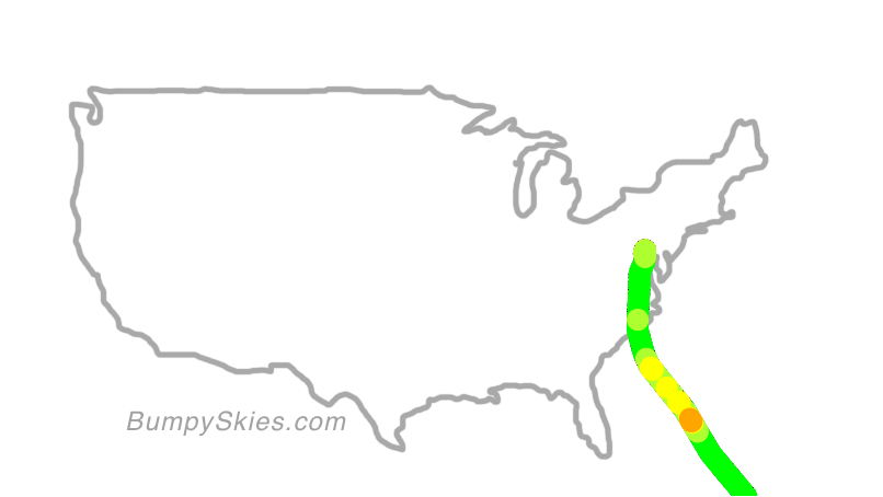 Map of continental US with illustrated flight path and turbulence forecast (described in text below)