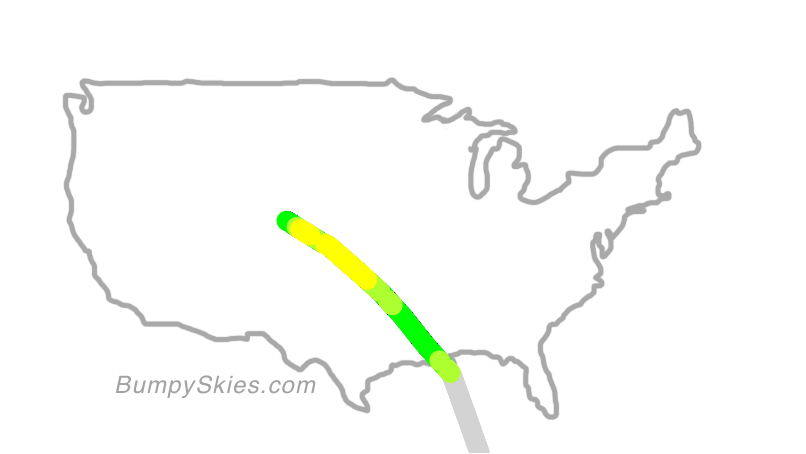 Map of continental US with illustrated flight path and turbulence forecast (described in text below)