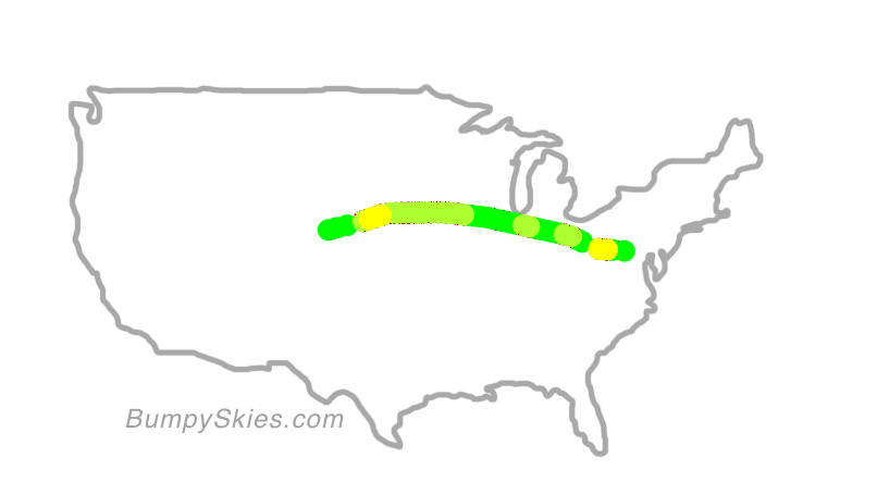 Map of continental US with illustrated flight path and turbulence forecast (described in text below)