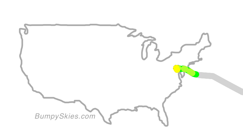 Map of continental US with illustrated flight path and turbulence forecast (described in text below)