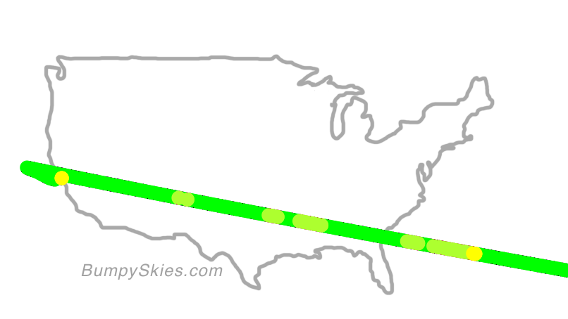 Map of continental US with illustrated flight path and turbulence forecast (described in text below)