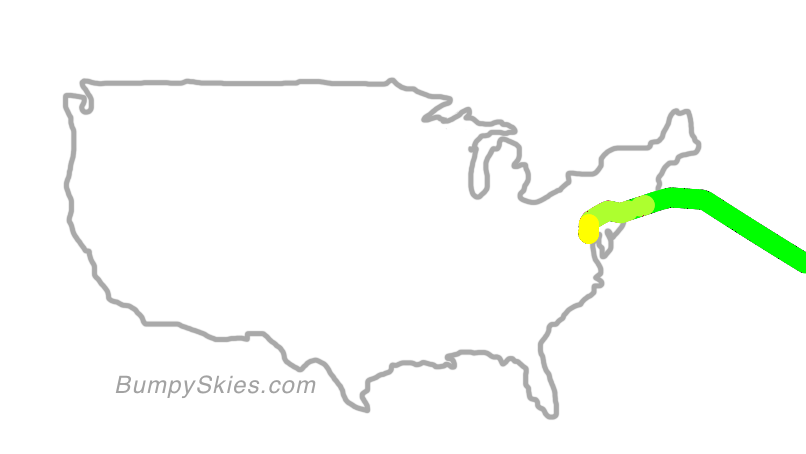 Map of continental US with illustrated flight path and turbulence forecast (described in text below)