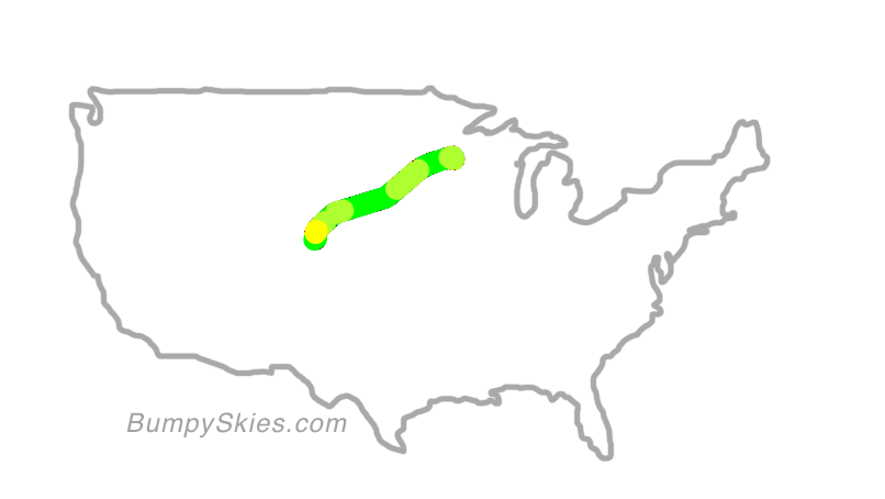 Map of continental US with illustrated flight path and turbulence forecast (described in text below)