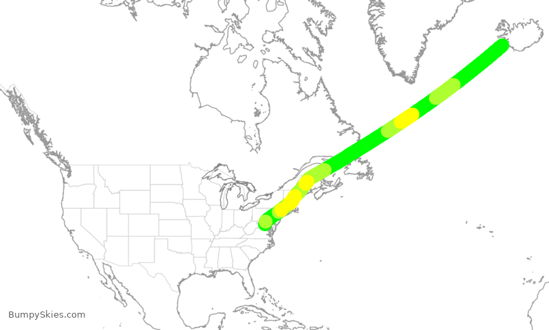 Turbulence forecast map for UAL399, KEF to IAD