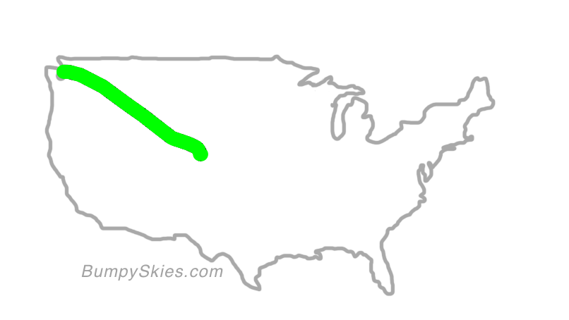 Map of continental US with illustrated flight path and turbulence forecast (described in text below)