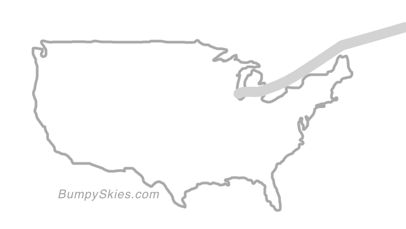 Map of continental US with illustrated flight path and turbulence forecast (described in text below)