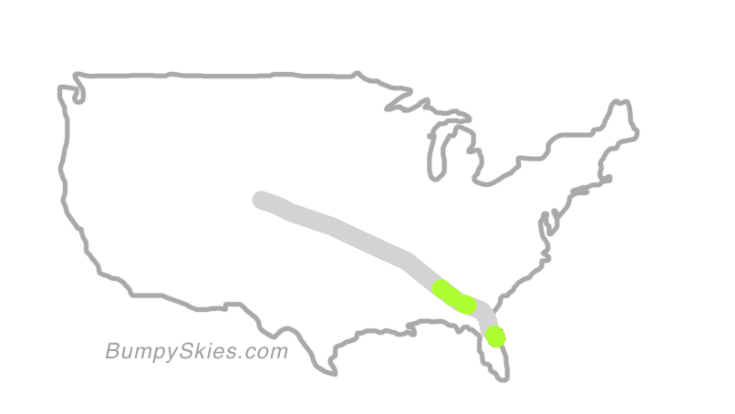 Map of continental US with illustrated flight path and turbulence forecast (described in text below)