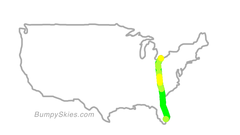 Map of continental US with illustrated flight path and turbulence forecast (described in text below)