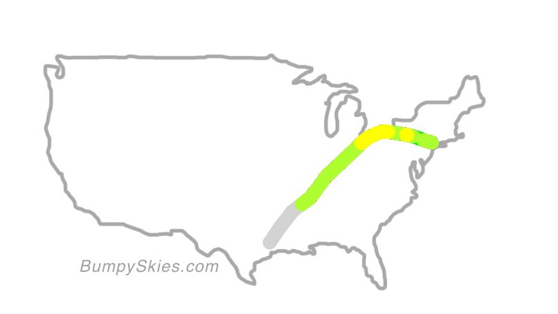 Map of continental US with illustrated flight path and turbulence forecast (described in text below)