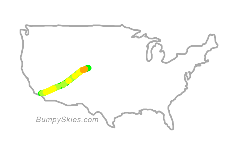 Map of continental US with illustrated flight path and turbulence forecast (described in text below)
