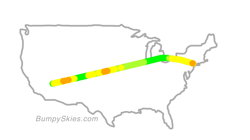 Map of continental US with illustrated flight path and turbulence forecast (described in text below)