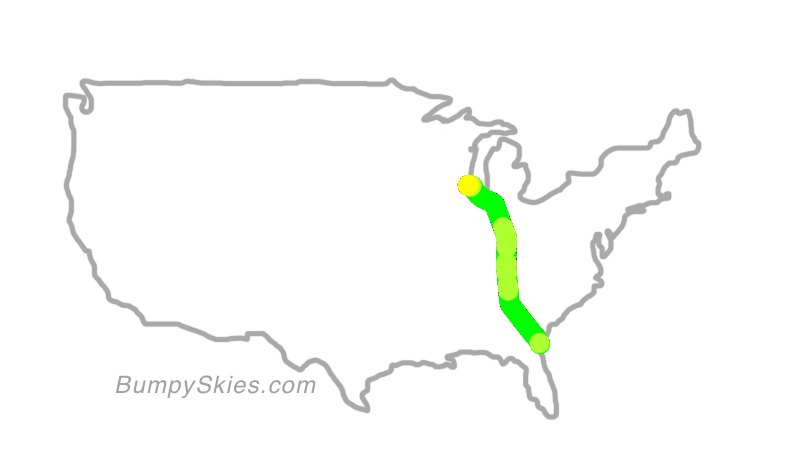 Map of continental US with illustrated flight path and turbulence forecast (described in text below)