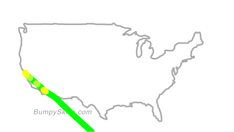 Map of continental US with illustrated flight path and turbulence forecast (described in text below)