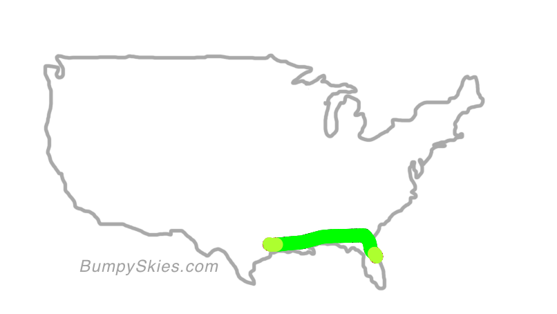 Map of continental US with illustrated flight path and turbulence forecast (described in text below)