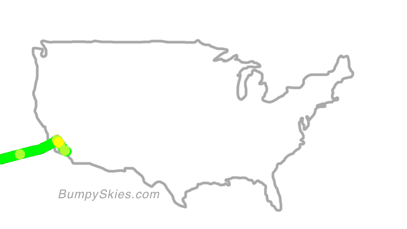 Map of continental US with illustrated flight path and turbulence forecast (described in text below)