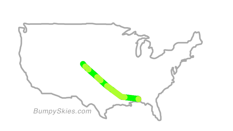 Map of continental US with illustrated flight path and turbulence forecast (described in text below)