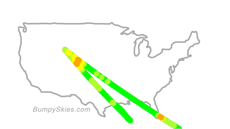 Map of continental US with illustrated flight path and turbulence forecast (described in text below)