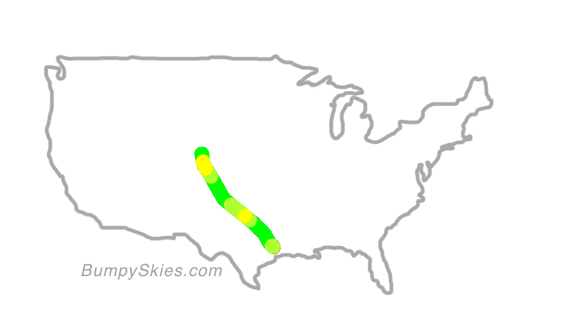 Map of continental US with illustrated flight path and turbulence forecast (described in text below)