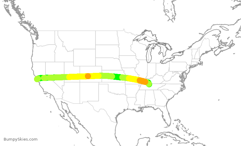Turbulence forecast map for UAL424, SFO to BNA