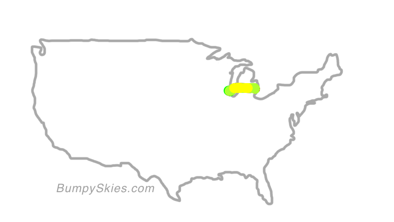 Map of continental US with illustrated flight path and turbulence forecast (described in text below)