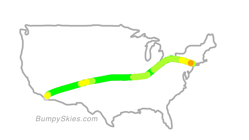 Map of continental US with illustrated flight path and turbulence forecast (described in text below)