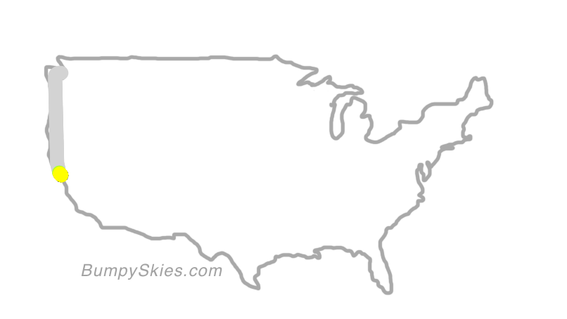 Map of continental US with illustrated flight path and turbulence forecast (described in text below)