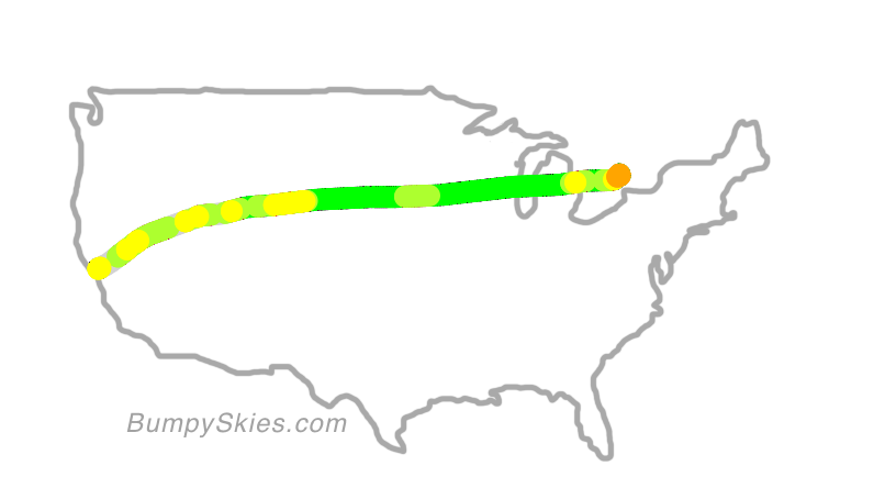 Map of continental US with illustrated flight path and turbulence forecast (described in text below)