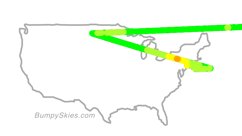 Map of continental US with illustrated flight path and turbulence forecast (described in text below)