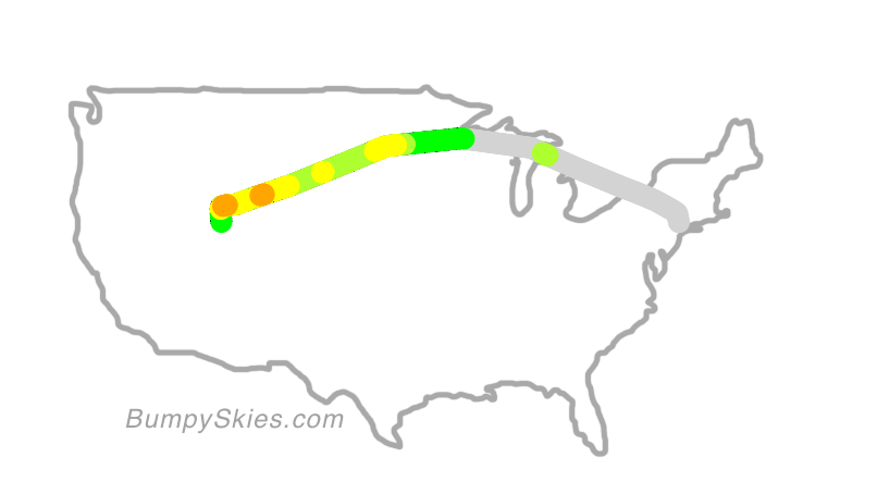 Map of continental US with illustrated flight path and turbulence forecast (described in text below)