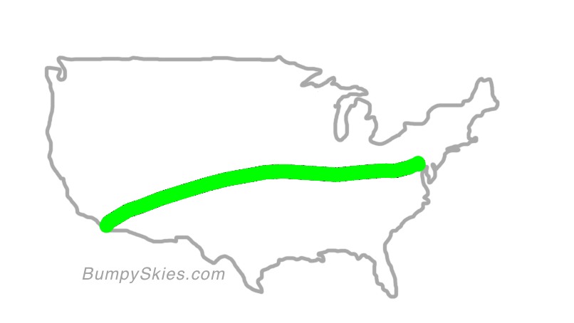 Map of continental US with illustrated flight path and turbulence forecast (described in text below)