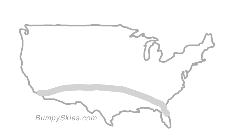 Map of continental US with illustrated flight path and turbulence forecast (described in text below)