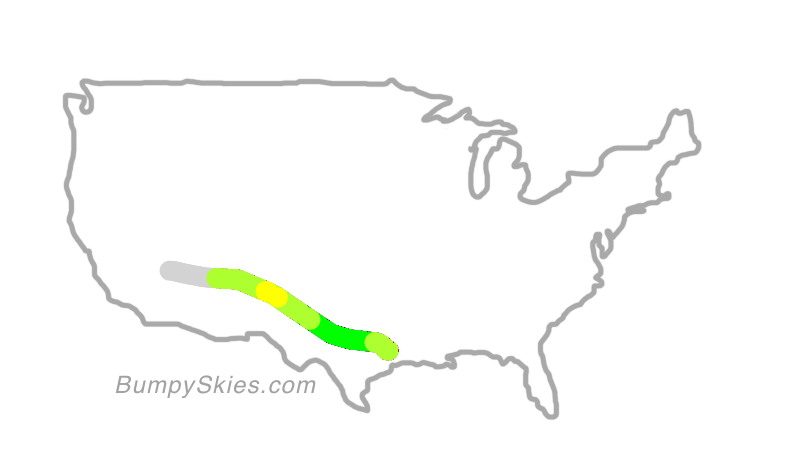Map of continental US with illustrated flight path and turbulence forecast (described in text below)