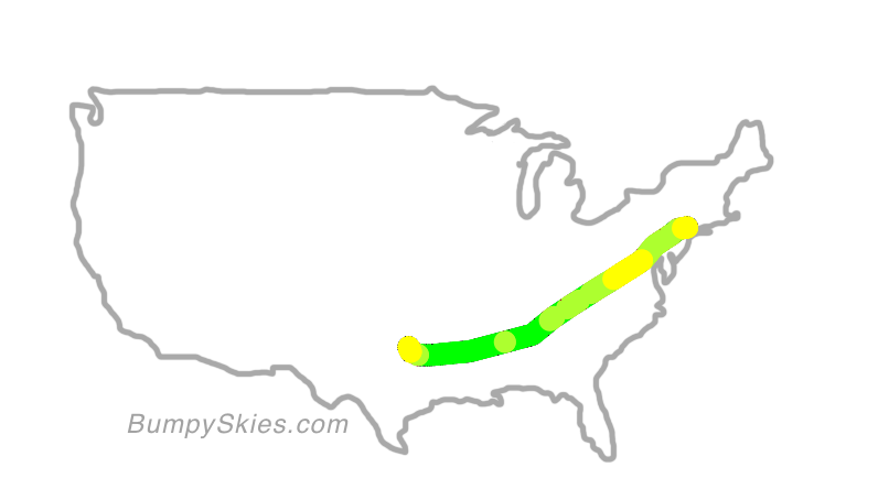Map of continental US with illustrated flight path and turbulence forecast (described in text below)