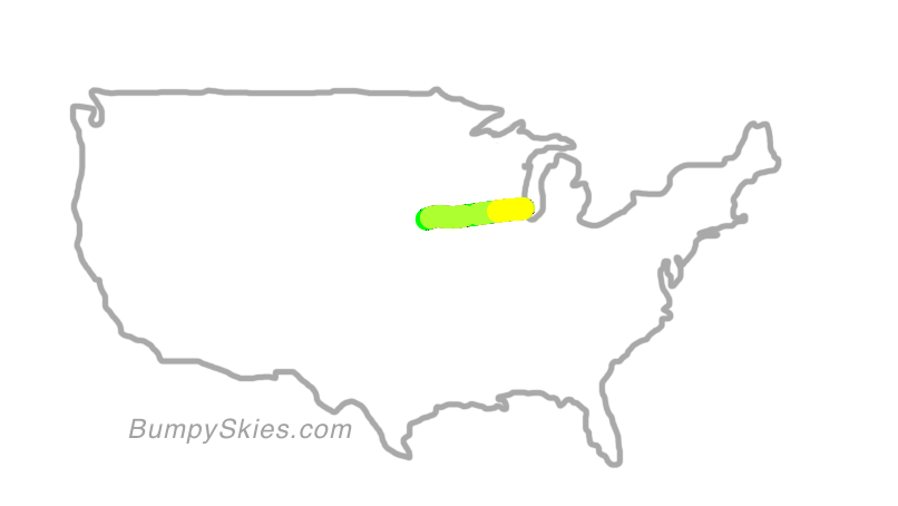 Map of continental US with illustrated flight path and turbulence forecast (described in text below)