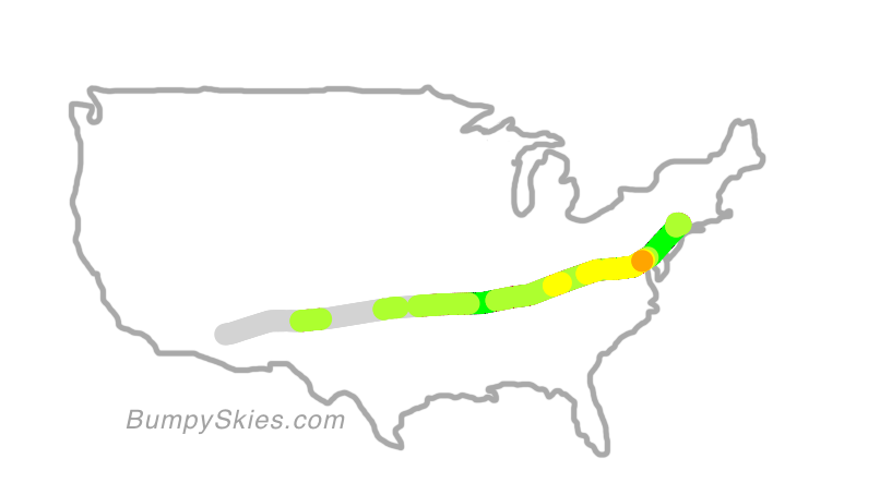 Map of continental US with illustrated flight path and turbulence forecast (described in text below)