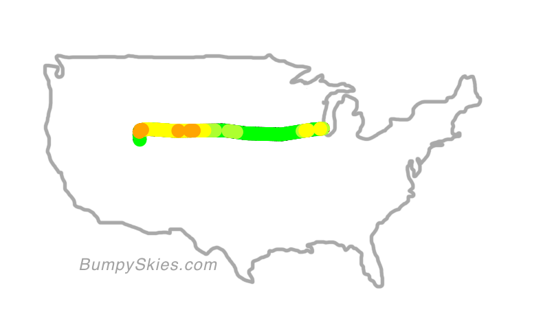 Map of continental US with illustrated flight path and turbulence forecast (described in text below)