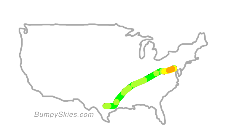Map of continental US with illustrated flight path and turbulence forecast (described in text below)