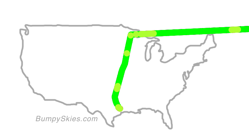 Map of continental US with illustrated flight path and turbulence forecast (described in text below)