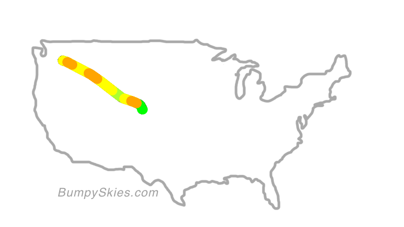 Map of continental US with illustrated flight path and turbulence forecast (described in text below)
