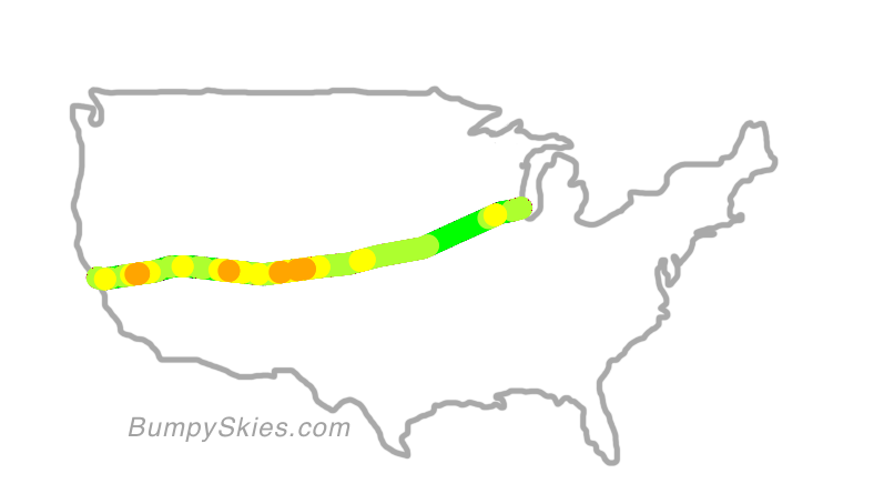 Map of continental US with illustrated flight path and turbulence forecast (described in text below)