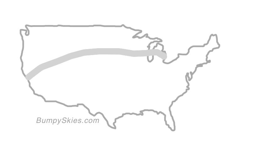 Map of continental US with illustrated flight path and turbulence forecast (described in text below)