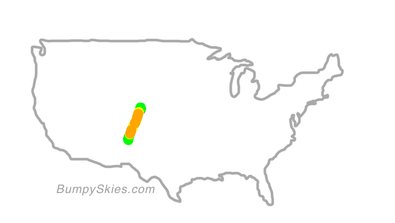 Map of continental US with illustrated flight path and turbulence forecast (described in text below)