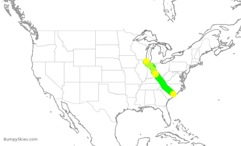 Turbulence forecast map for UAL485, MYR to ORD