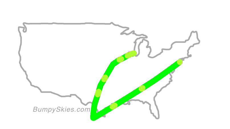 Map of continental US with illustrated flight path and turbulence forecast (described in text below)