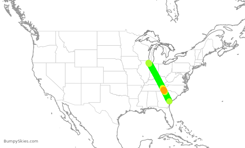 Turbulence forecast map for UAL485, SAV to ORD