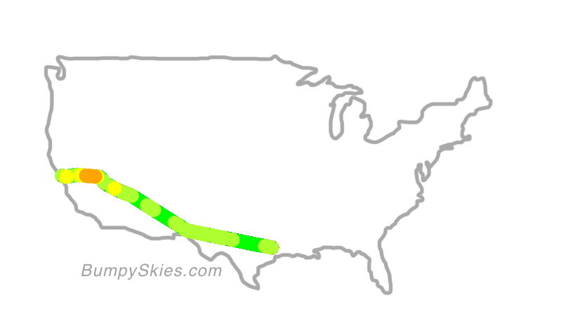 Map of continental US with illustrated flight path and turbulence forecast (described in text below)