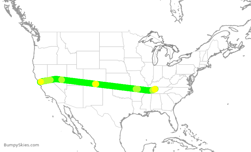 Turbulence forecast map for UAL499, SFO to BNA