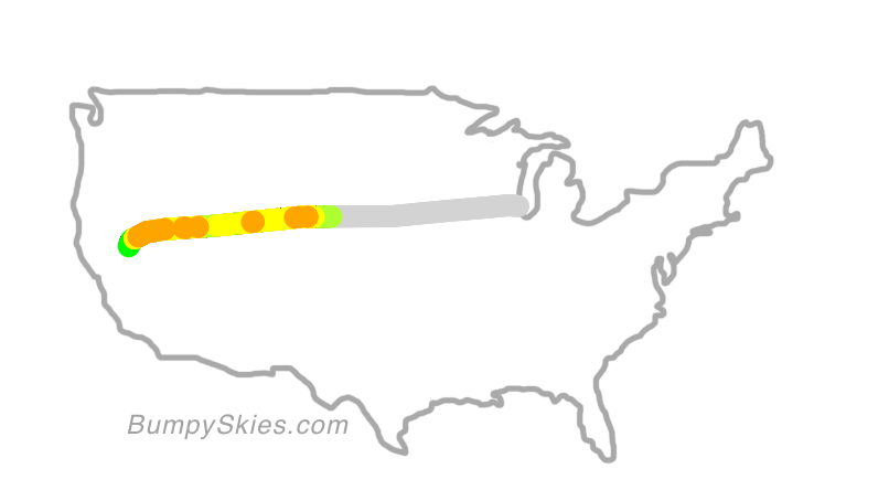 Map of continental US with illustrated flight path and turbulence forecast (described in text below)